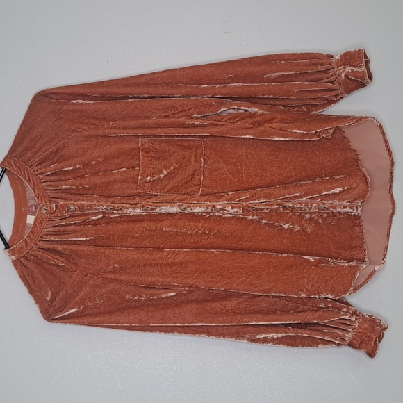 Anthropologie Tops - Anthropologie Pilcro Women's Crushed Velvet Blouse Button Up Burnt Orange XS